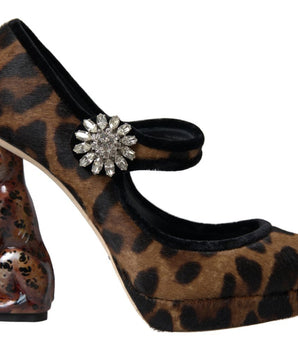 Dolce &amp; Gabbana Black Brown Calf Leopard Heel Mary Jane Pump Shoes