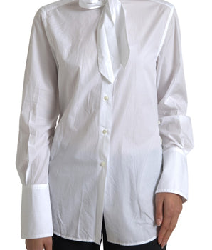 Dolce & Gabbana White Cotton Ascot Collar Long Sleeves Top