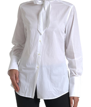 Dolce & Gabbana White Cotton Ascot Collar Long Sleeves Top