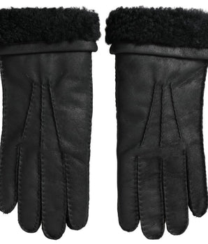 Dolce & Gabbana Black Leather Fur Short Hands Mitten Men Gloves