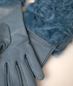 Dolce & Gabbana Blue Leather Fur Mid Arm Length Gloves