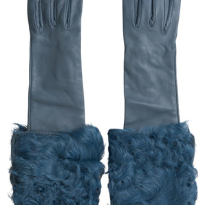 Dolce & Gabbana Elegant Blue Leather Gloves with Fur Trim