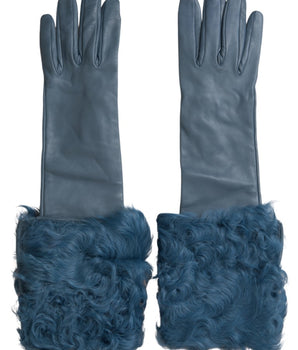 Dolce & Gabbana Blue Leather Fur Mid Arm Length Gloves