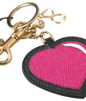 Dolce & Gabbana Black Fuchsia Heart Leather Gold Metal Keyring Keychain