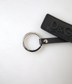 Dolce & Gabbana Black DG Logo Leather Silver Metal Keychain