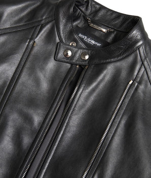 Dolce & Gabbana Black Leather Zipper Coat Men Jacket