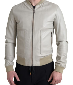 Dolce & Gabbana Cream Leather Bomber Blouson Full Zip Jacket