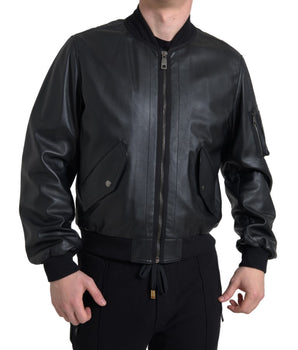 Dolce & Gabbana Black Leather Blouson Full Zip Bomber Jacket