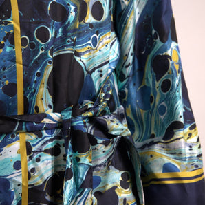 Dolce &amp; Gabbana Marble Blue Silk Long Robe Luxury Sleepwear