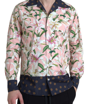 Dolce & Gabbana Cotton Polka Dot Lily Print Collared Shirt