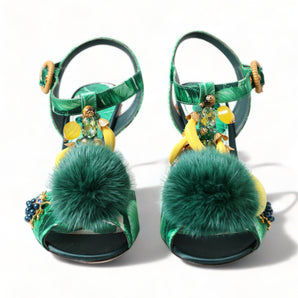 Dolce & Gabbana Green Crystal Mink Fur T-Strap Sandals