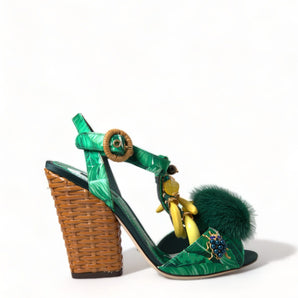 Dolce &amp; Gabbana Green Crystal Mink Fur T-Strap Sandals