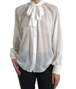 Dolce &amp; Gabbana White Silk Sheer Tied Neck Polka Dots Blouse