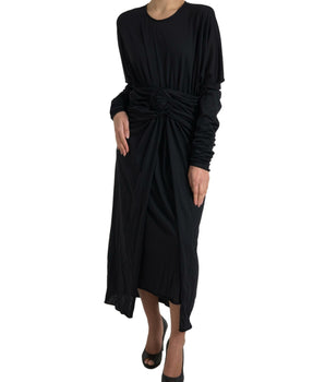 Dolce & Gabbana Black Wool Wrap Sheath Midi Gown Dress