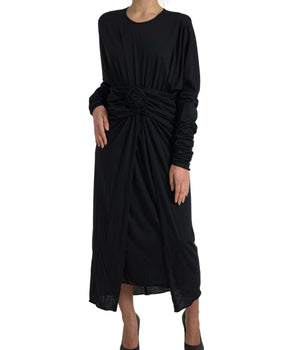 Dolce & Gabbana Black Wool Wrap Sheath Midi Gown Dress