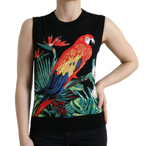 Dolce &amp; Gabbana Camiseta sin mangas elegante de lana y seda con cuello redondo y bordado de pájaros