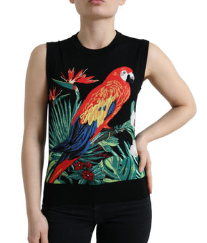 Dolce &amp; Gabbana Camiseta sin mangas elegante de lana y seda con cuello redondo y bordado de pájaros