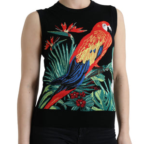 Dolce &amp; Gabbana Elegant Crew Neck Wool Silk Tank with Bird Embroidery