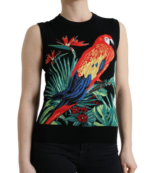 Dolce &amp; Gabbana Camiseta sin mangas elegante de lana y seda con cuello redondo y bordado de pájaros
