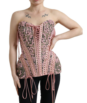 Dolce &amp; Gabbana Pink Floral Applique Bustier Corset Top