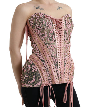Dolce &amp; Gabbana Pink Floral Applique Bustier Corset Top