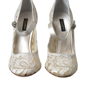 Dolce &amp; Gabbana Sandalias elegantes con tacón en bloque y encaje en blanco crema