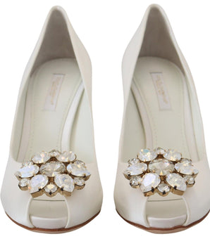 Dolce &amp; Gabbana Crystal-Embellished White Peep Toe Heels