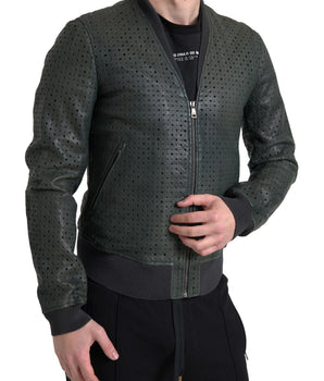 Dolce & Gabbana Green Perforated Leather Bomber Jacket