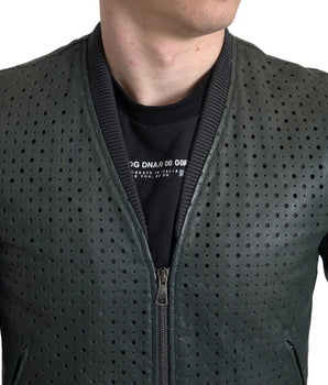 Dolce & Gabbana Green Perforated Leather Bomber Jacket