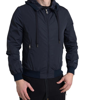 Dolce & Gabbana Blue Hooded Logo Polyester Full Zip Sweater