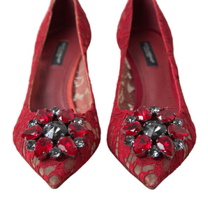 Dolce &amp; Gabbana Radiant Red Lace Heels with Crystals