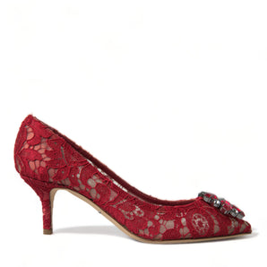 Dolce &amp; Gabbana Radiant Red Lace Heels with Crystals