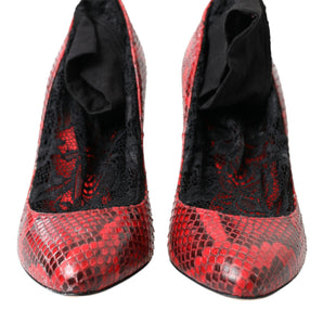 Dolce & Gabbana Red Almond Toe Snakeskin Pumps with Lace Socks