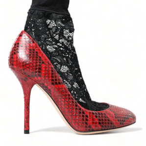 Dolce & Gabbana Red Almond Toe Snakeskin Pumps with Lace Socks