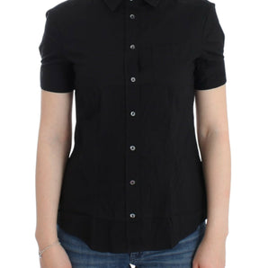 John Galliano Elegante blusa de manga corta elástica de algodón negro