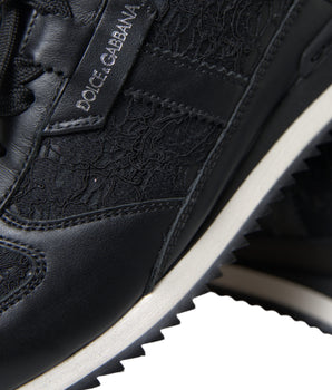 Dolce & Gabbana Black Floral Lace Leather Sneakers Shoes