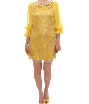Dolce & Gabbana Yellow Lace Crystal Embellished Mini Dress Dolce & Gabbana 
