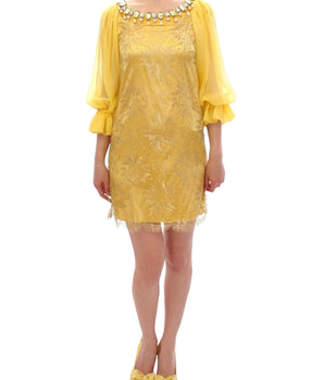 Dolce & Gabbana Yellow Lace Crystal Embellished Mini Dress Dolce & Gabbana 