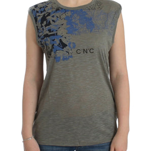 Costume National Chic Top gris sin mangas con detalles azules