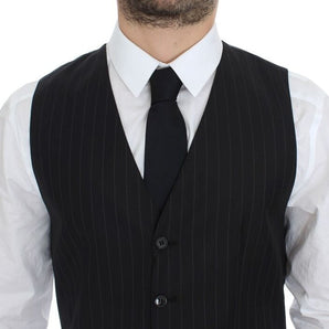 Dolce &amp; Gabbana Chic Black Striped Wool Silk Dress Vest