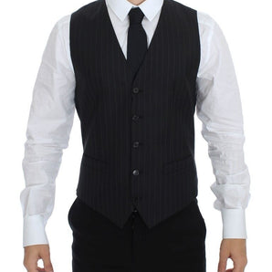 Dolce &amp; Gabbana Chic Black Striped Wool Silk Dress Vest