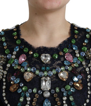 Dolce &amp; Gabbana Crystal Embellished Navy Blue Flare Dress