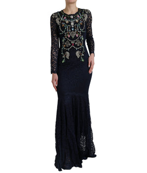 Dolce &amp; Gabbana Crystal Embellished Navy Blue Flare Dress