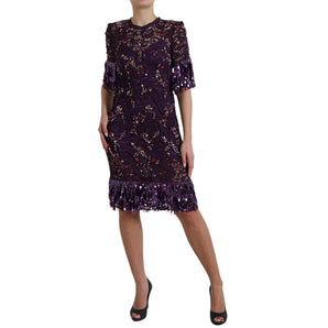 Dolce &amp; Gabbana Elegante vestido de cristal con encaje floral morado