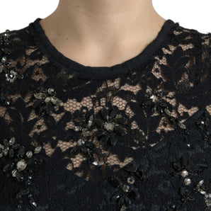 Dolce &amp; Gabbana Exquisite Black Floral Lace Crystal Sheath Dress