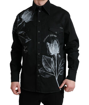 Dolce & Gabbana Black Floral Cotton Collared Dress Shirt
