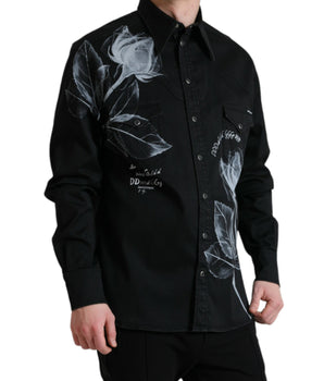Dolce & Gabbana Black Floral Cotton Collared Dress Shirt