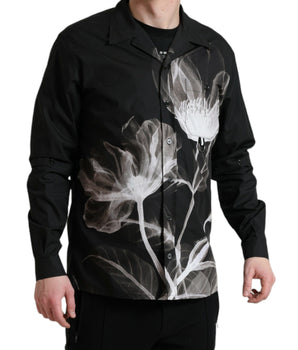 Dolce & Gabbana Black Floral Cotton Collared Long Sleeves Men Shirt