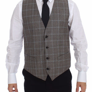 Dolce &amp; Gabbana Elegant Brown Checkered Wool Dress Vest