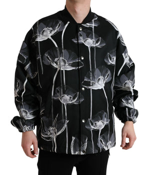Dolce & Gabbana Black Floral Print Wool Button Down Bomber Jacket